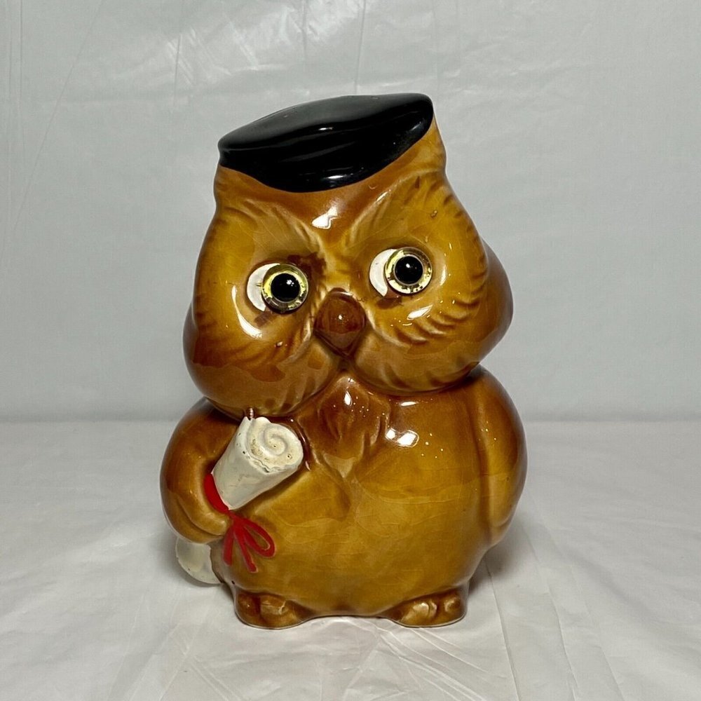 Vintage Lefton‎ Graduation Owl Piggy/Coin Money Bank Cap Diploma Glass Eyes Bird